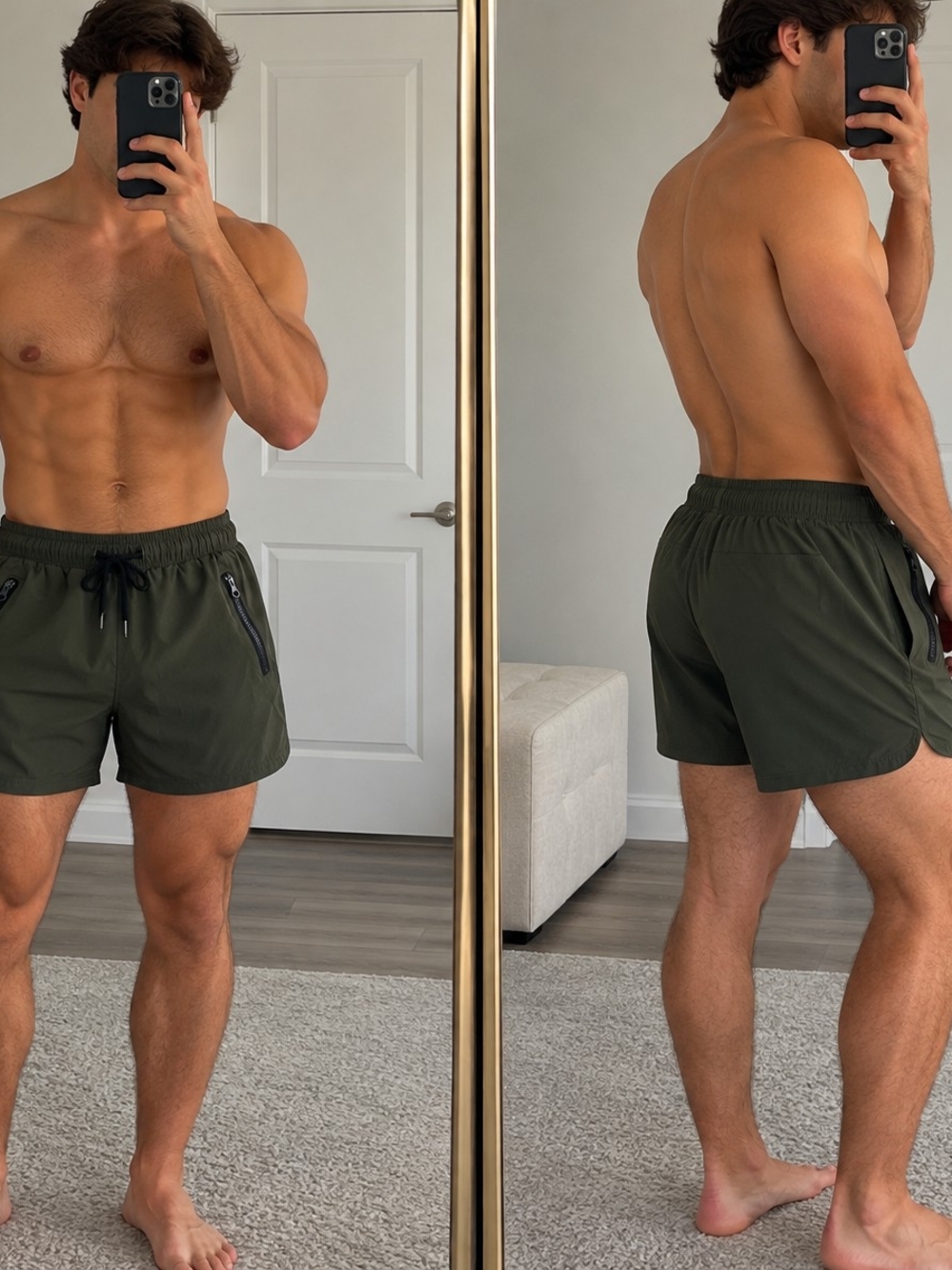 Men's Olive Green Swim Trunks | Size M | Zipper Pockets